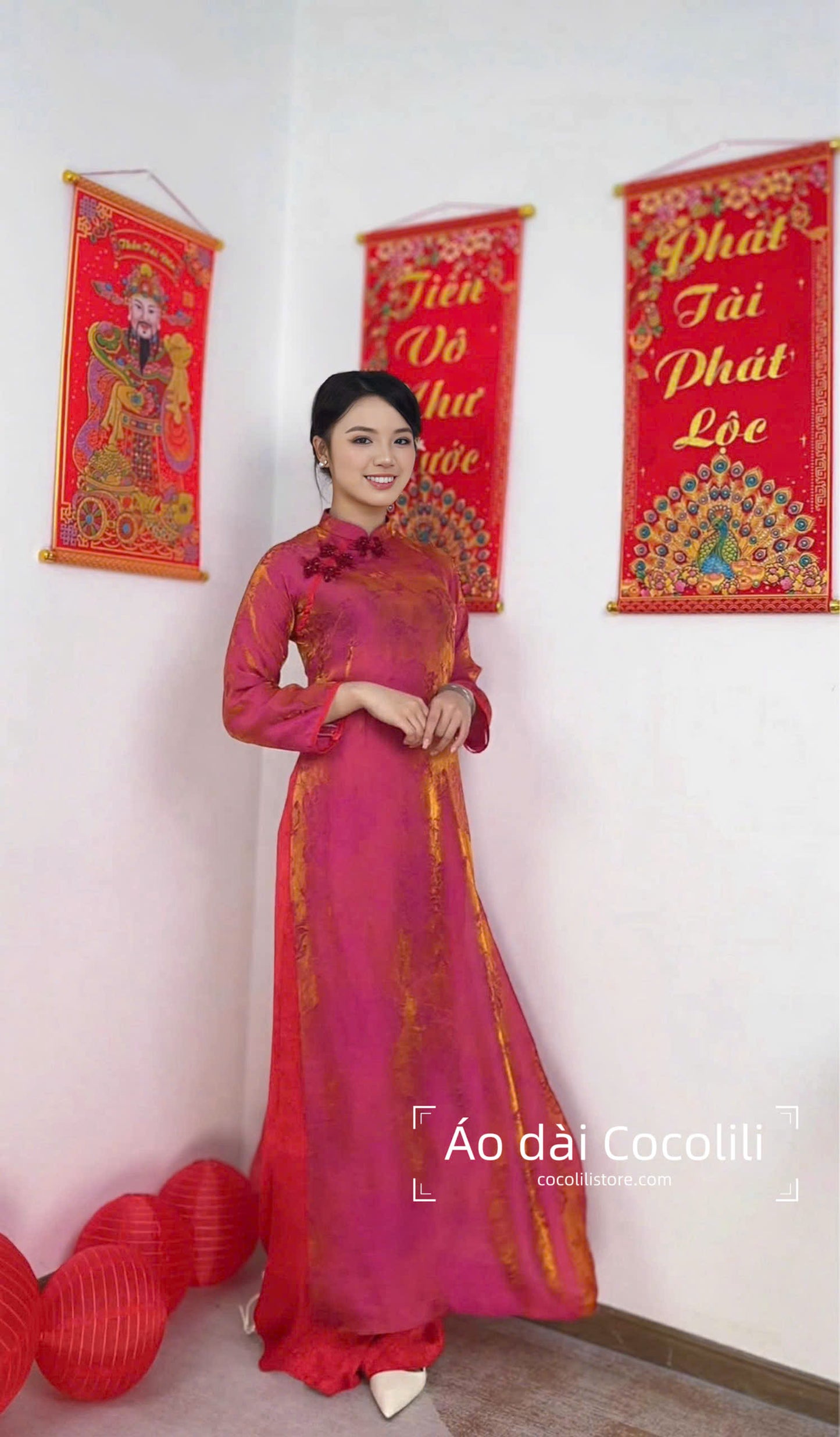 M380 Áo + quần hoa nhí - Áo dài dáng suông 2 tà lụa tằm ánh kim tencel màu hồng sen