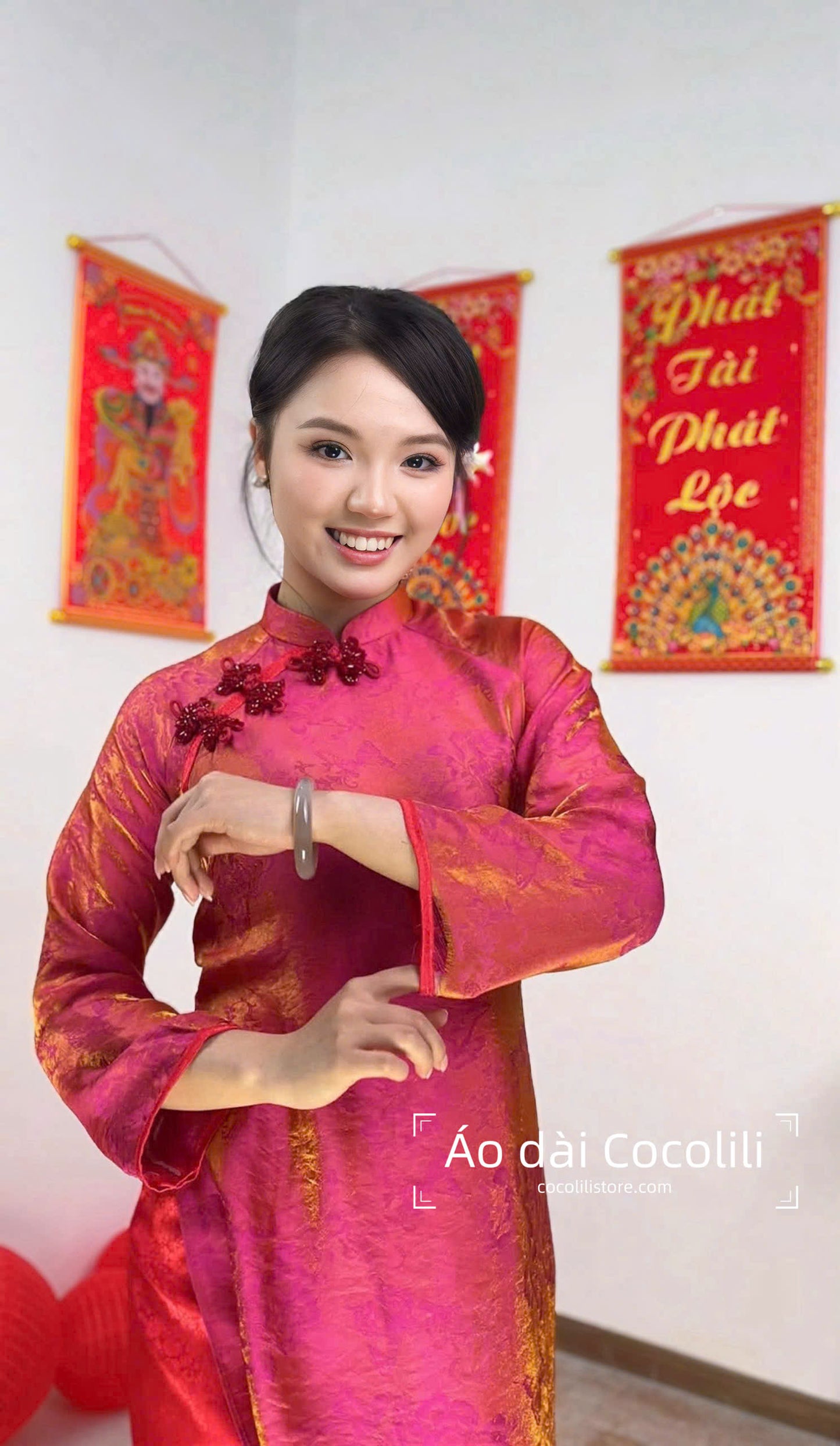 M380 Áo + quần hoa nhí - Áo dài dáng suông 2 tà lụa tằm ánh kim tencel màu hồng sen