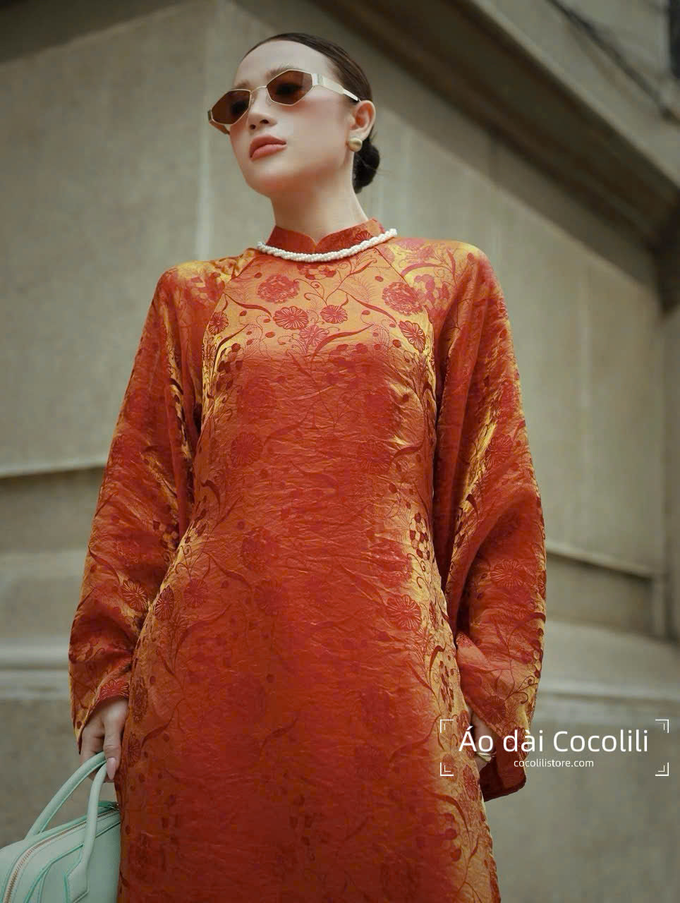 M381 Áo + quần tằm - Áo dài dáng suông 4 tà tằm ánh kim tencel màu nâu đồng