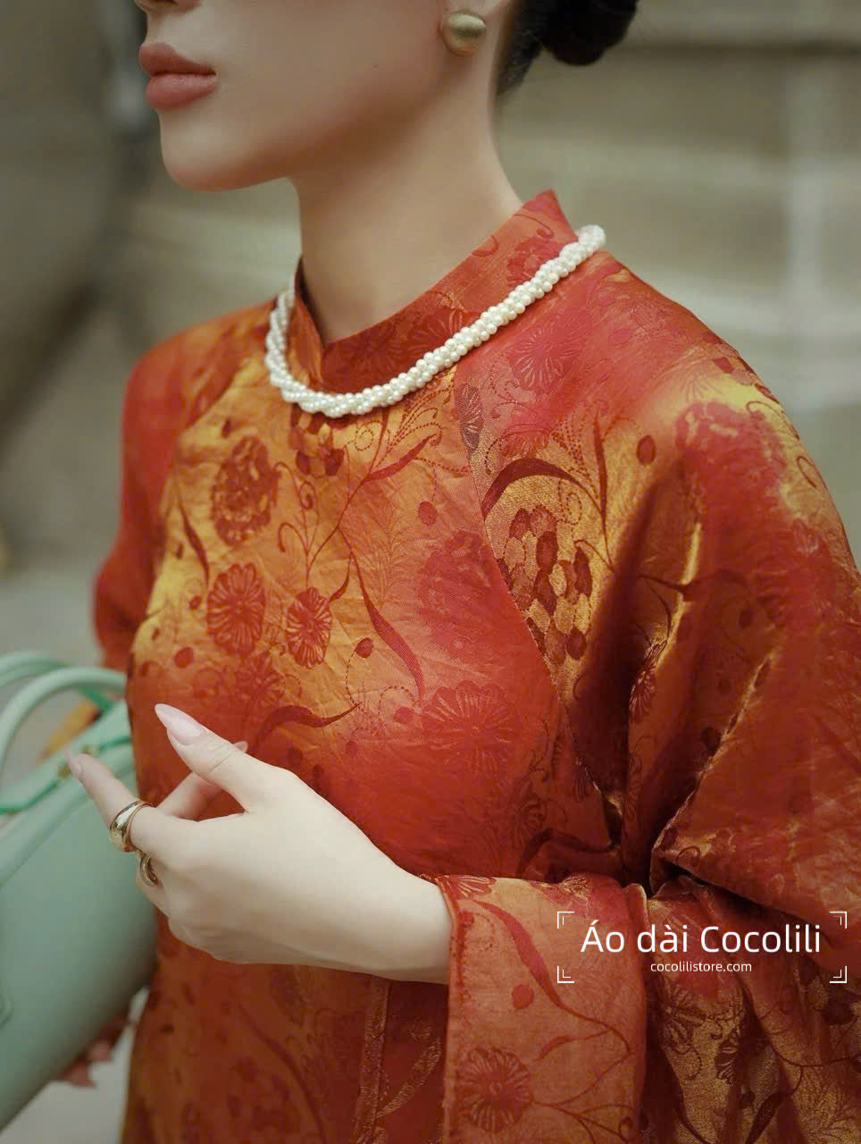 M381 Áo + quần tằm - Áo dài dáng suông 4 tà tằm ánh kim tencel màu nâu đồng