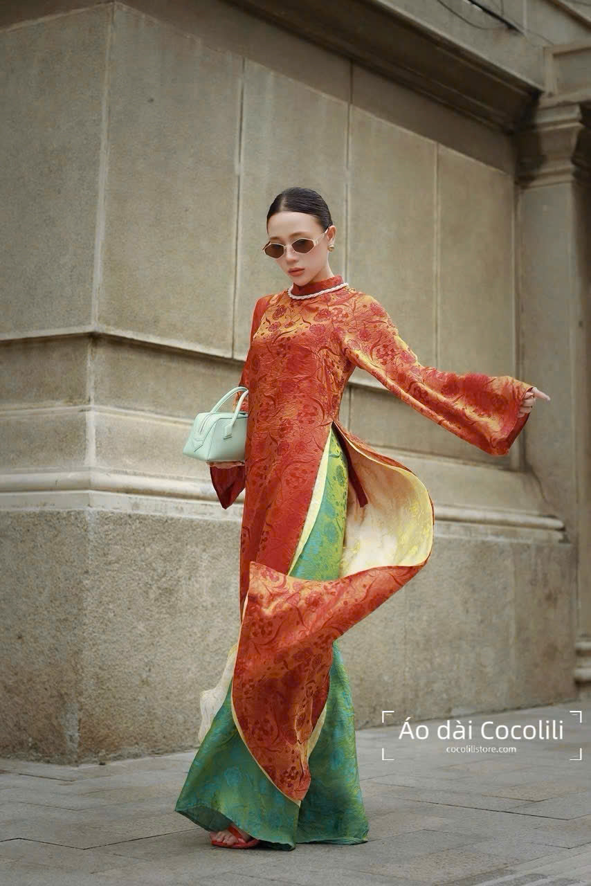 M381 Áo + quần tằm - Áo dài dáng suông 4 tà tằm ánh kim tencel màu nâu đồng