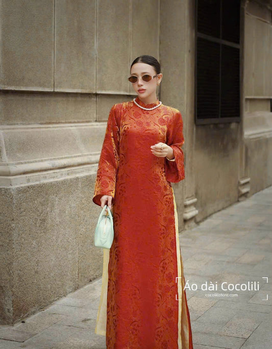 M381 Áo + quần tằm - Áo dài dáng suông 4 tà tằm ánh kim tencel màu nâu đồng