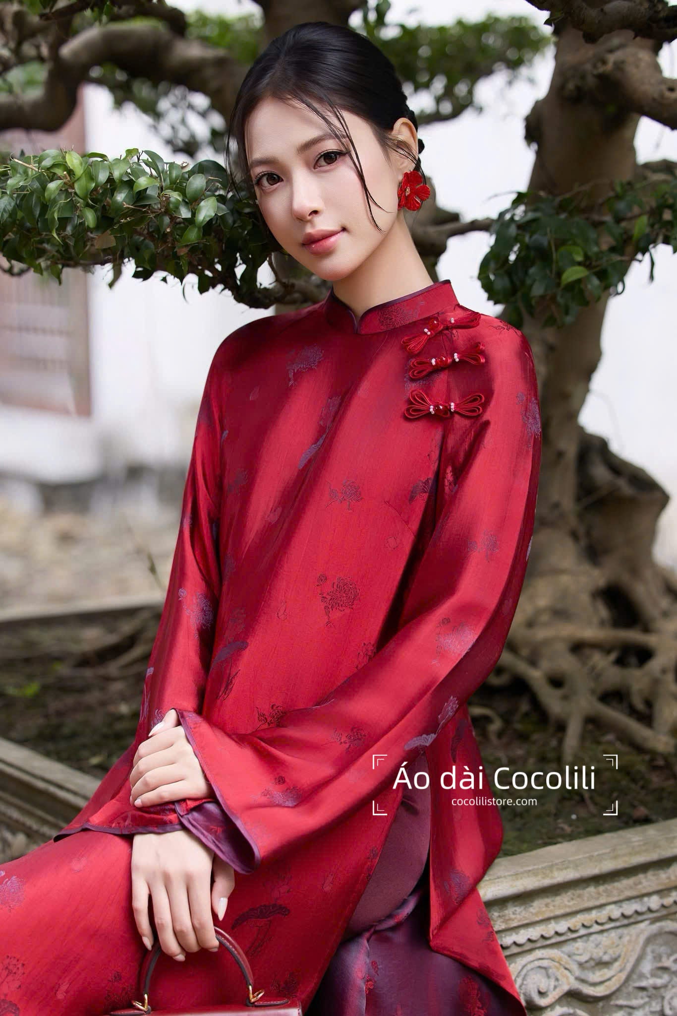 HD41 Áo + quần - Áo dài lụa tơ tằm Nha Xá đỏ