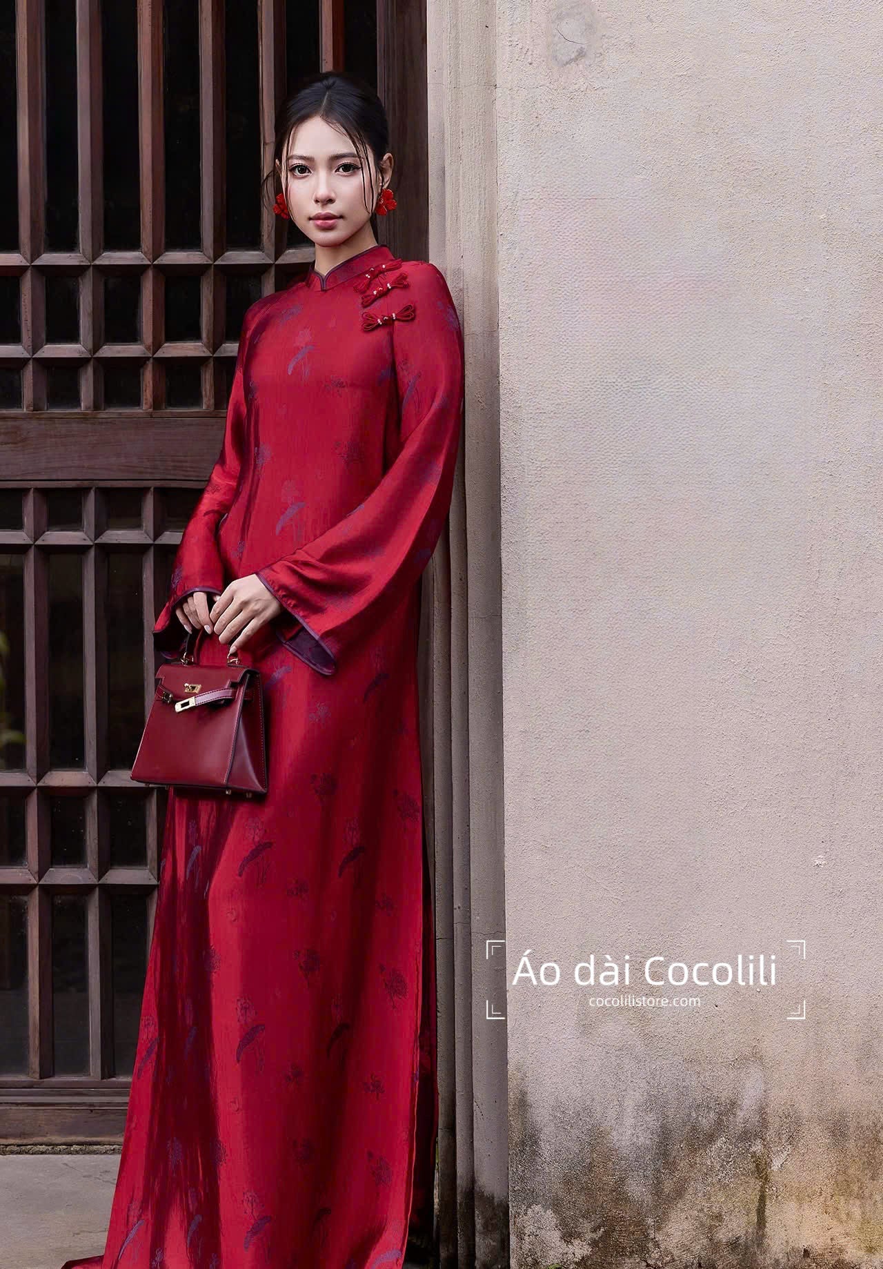 HD41 Áo + quần - Áo dài lụa tơ tằm Nha Xá đỏ
