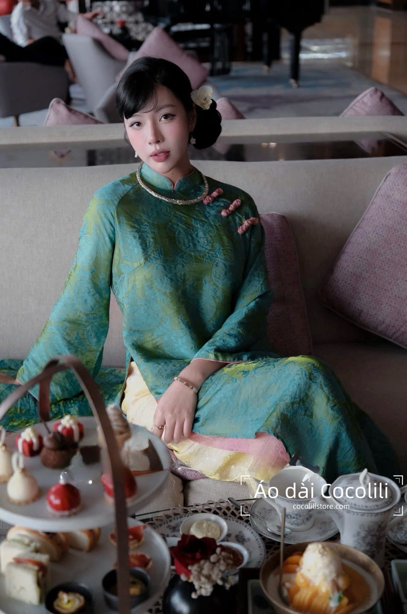 M390 Áo + quần tằm - Áo dài dáng suông 4 tà lụa tằm ánh kim tencel