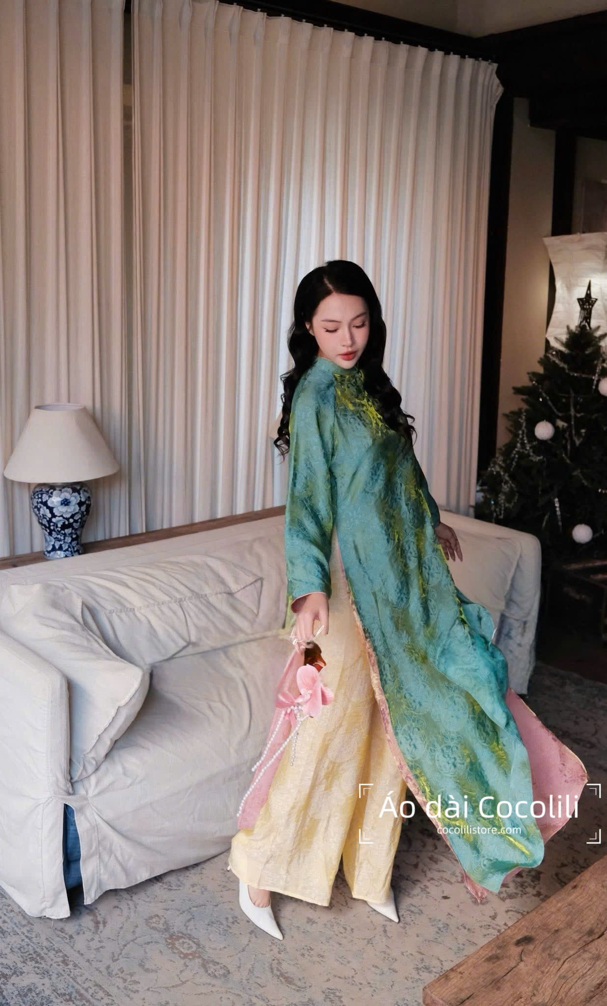 M390 Áo + quần tằm - Áo dài dáng suông 4 tà lụa tằm ánh kim tencel