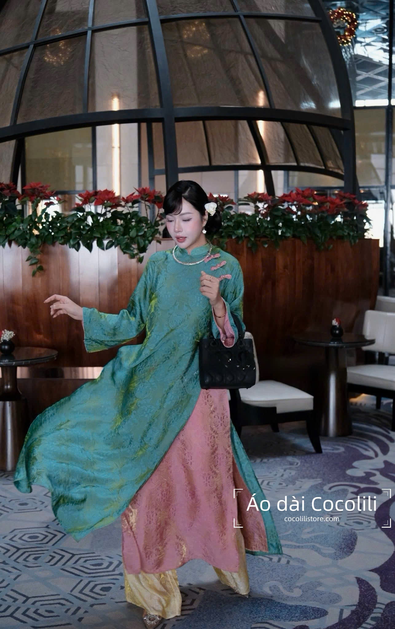 M390 Áo + quần tằm - Áo dài dáng suông 4 tà lụa tằm ánh kim tencel