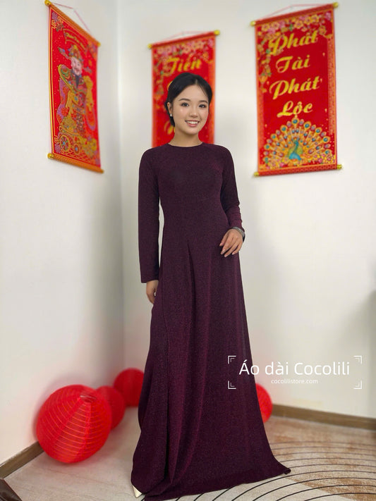N76 Áo tím đậm + quần cùng chất - Áo dài nhung nano pha lê co giãn 4 chiều (run big, khách lấy bằng hoặc xuống size)