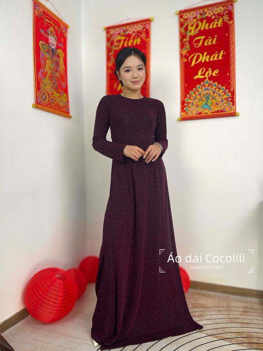 N76 Áo tím đậm + quần cùng chất - Áo dài nhung nano pha lê co giãn 4 chiều (run big, khách lấy bằng hoặc xuống size)