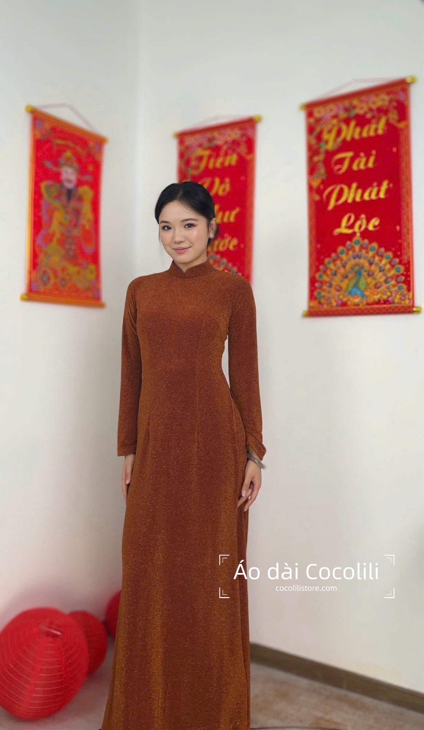 N77 Áo cam đất + quần cùng chất - Áo dài nhung nano pha lê co giãn 4 chiều (run big, khách lấy bằng hoặc xuống size)