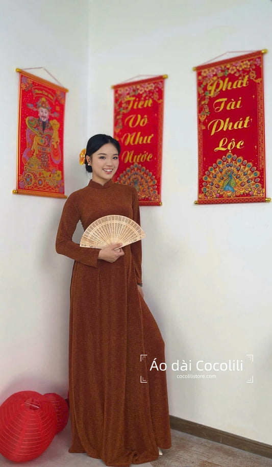 N77 Áo cam đất + quần cùng chất - Áo dài nhung nano pha lê co giãn 4 chiều (run big, khách lấy bằng hoặc xuống size)