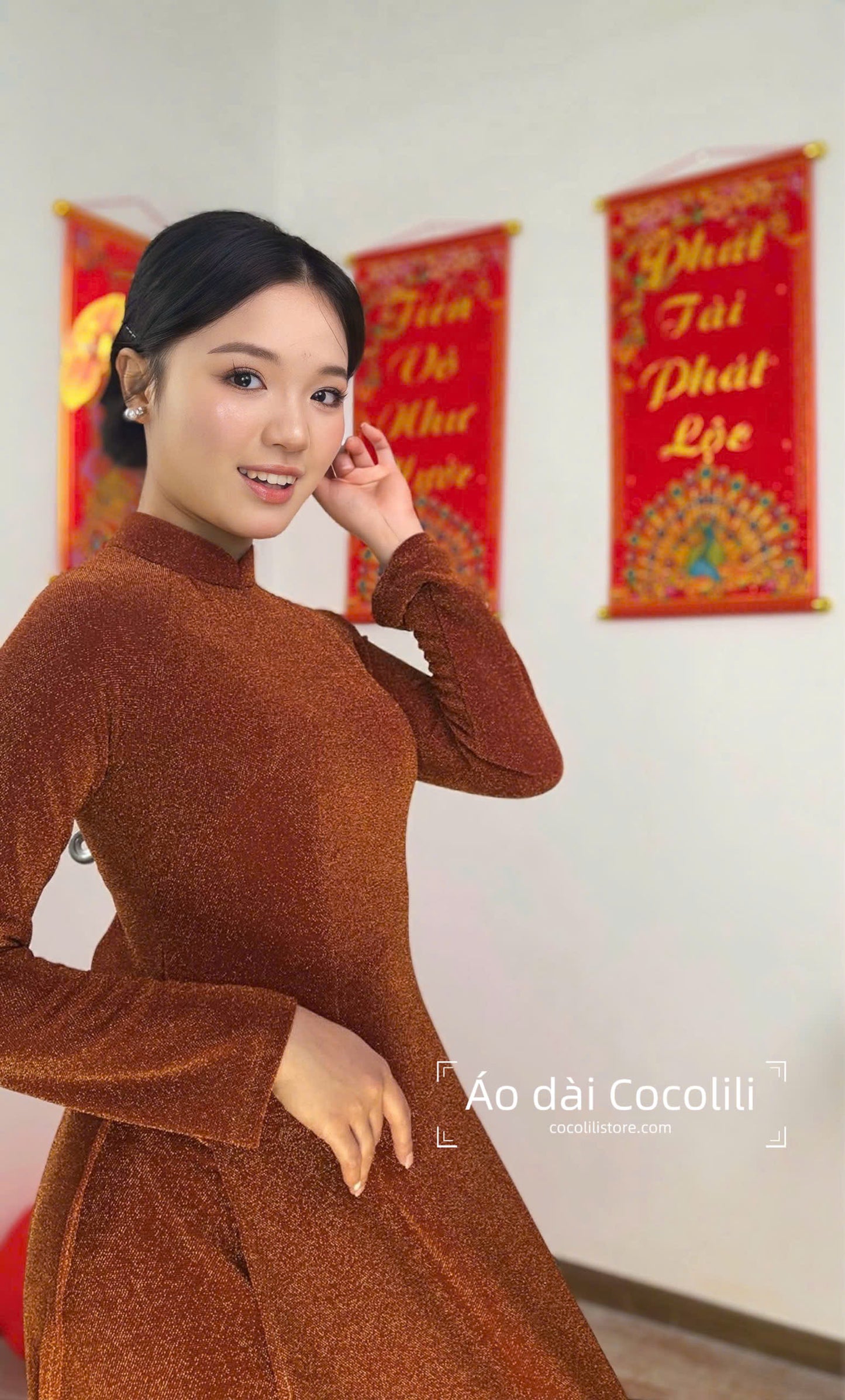 N77 Áo cam đất + quần cùng chất - Áo dài nhung nano pha lê co giãn 4 chiều (run big, khách lấy bằng hoặc xuống size)