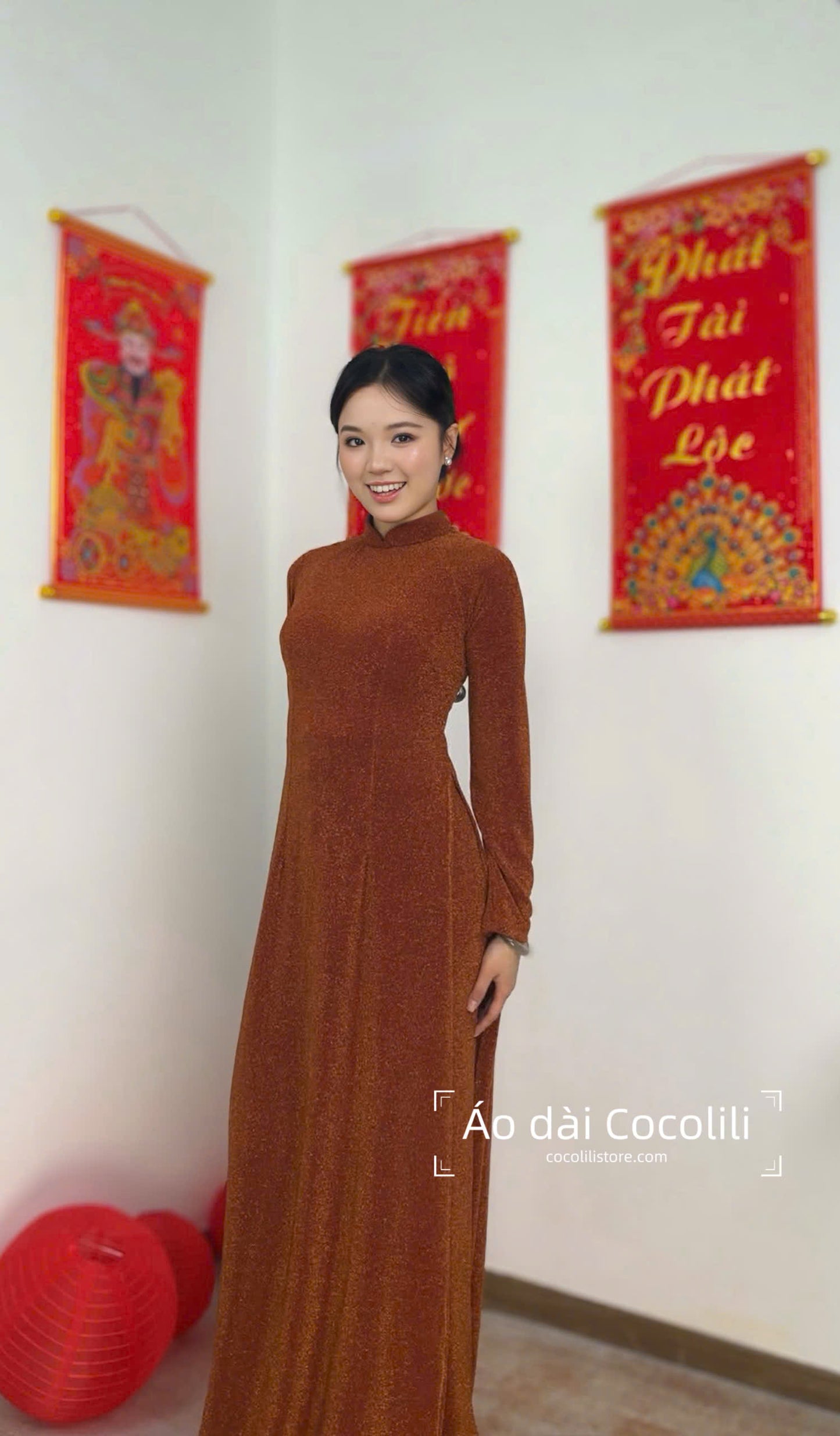 N77 Áo cam đất + quần cùng chất - Áo dài nhung nano pha lê co giãn 4 chiều (run big, khách lấy bằng hoặc xuống size)