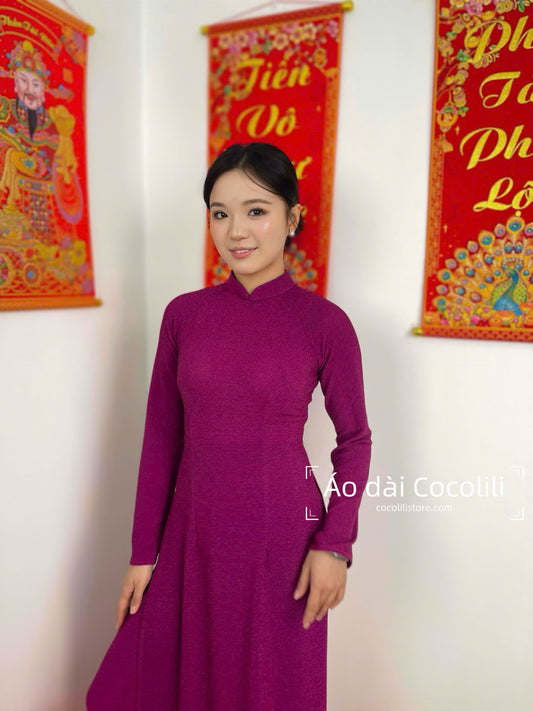 N78 Áo tím + quần cùng chất - Áo dài nhung nano pha lê co giãn 4 chiều (run big, khách lấy bằng hoặc xuống size)