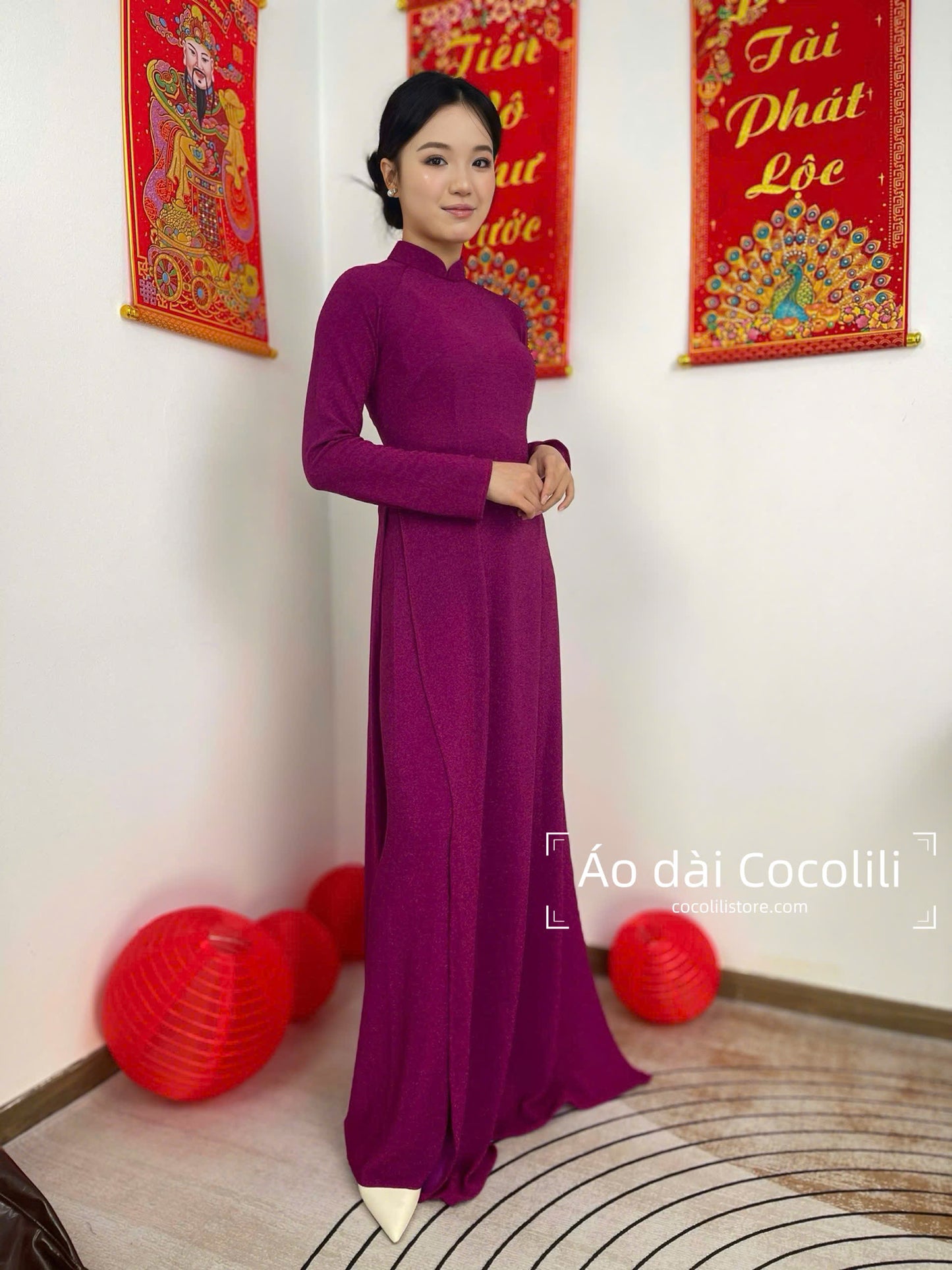 N78 Áo tím + quần cùng chất - Áo dài nhung nano pha lê co giãn 4 chiều (run big, khách lấy bằng hoặc xuống size)