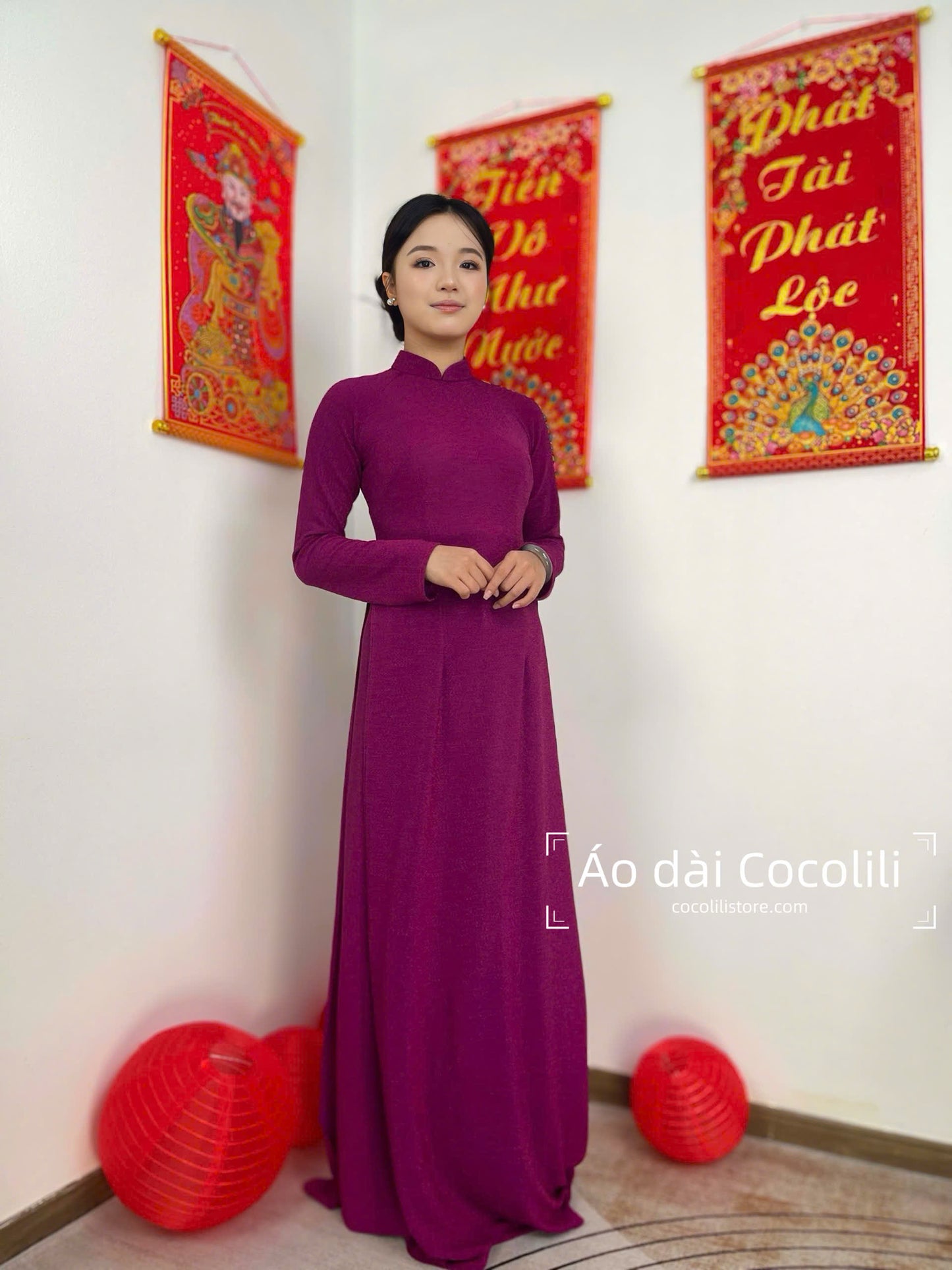 N78 Áo tím + quần cùng chất - Áo dài nhung nano pha lê co giãn 4 chiều (run big, khách lấy bằng hoặc xuống size)