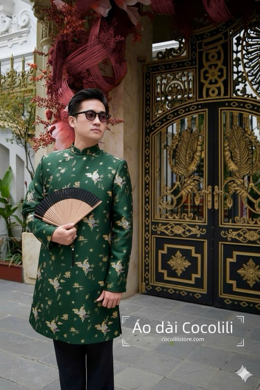 B100 Áo only - Áo dài nam màu xanh lá