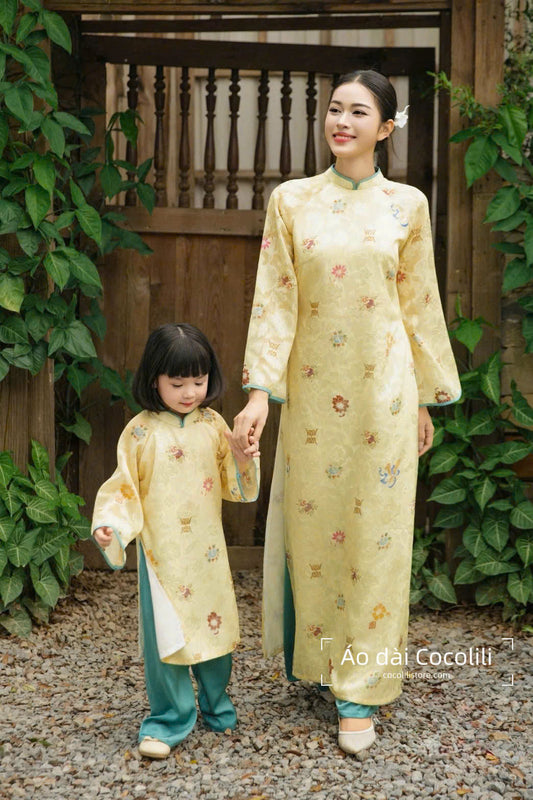 B140 Bộ áo dài nữ (mẹ) Áo + quần - Áo dài dáng suông màu vàng nhạt
