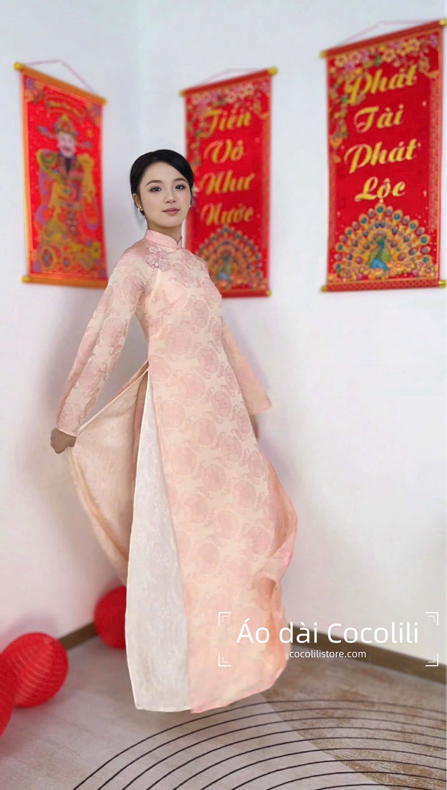 M362-Áo + yếm + quần - Áo dài dáng suông lụa tằm ánh kim tencel