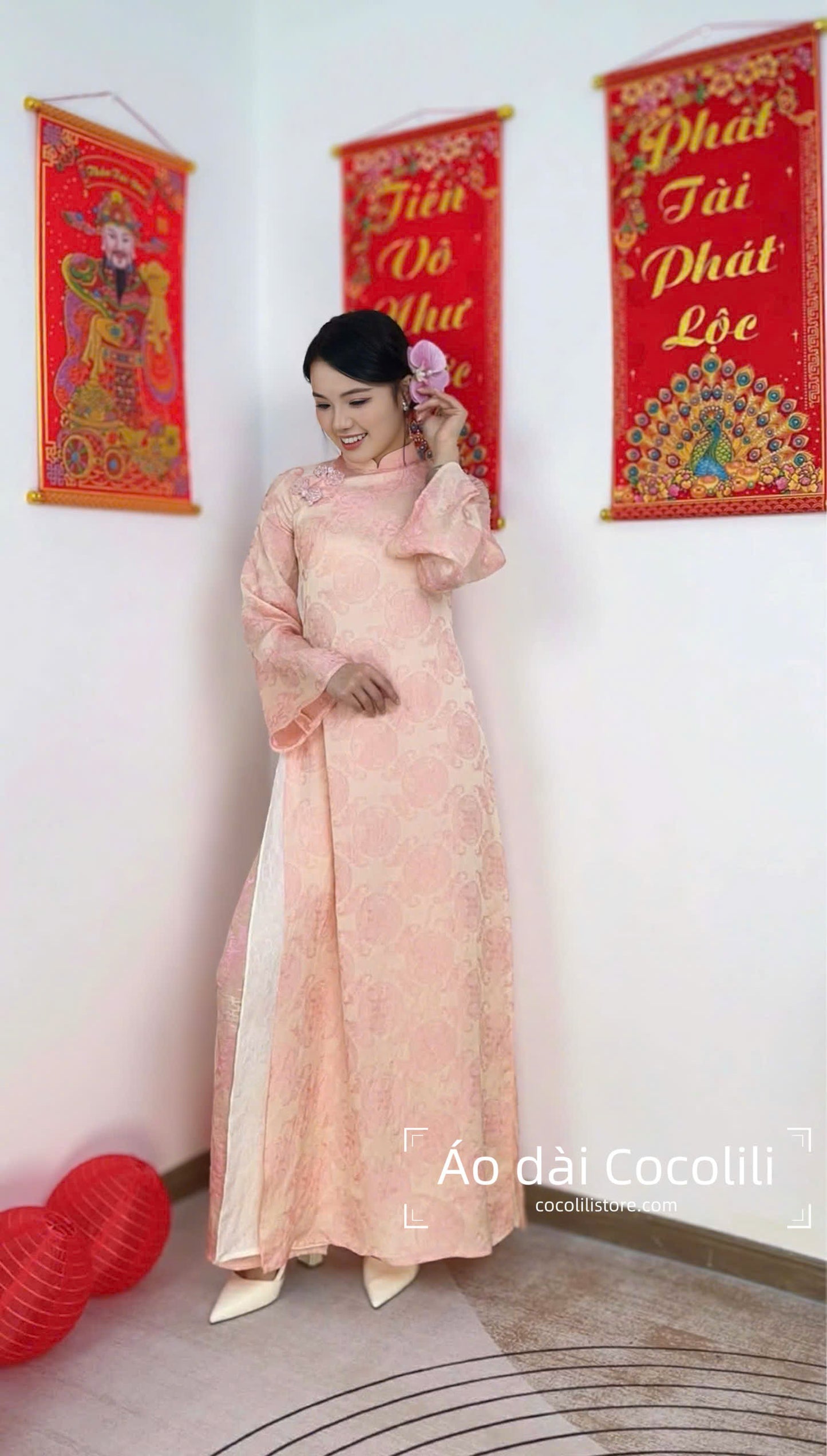 M362-Áo + yếm + quần - Áo dài dáng suông lụa tằm ánh kim tencel