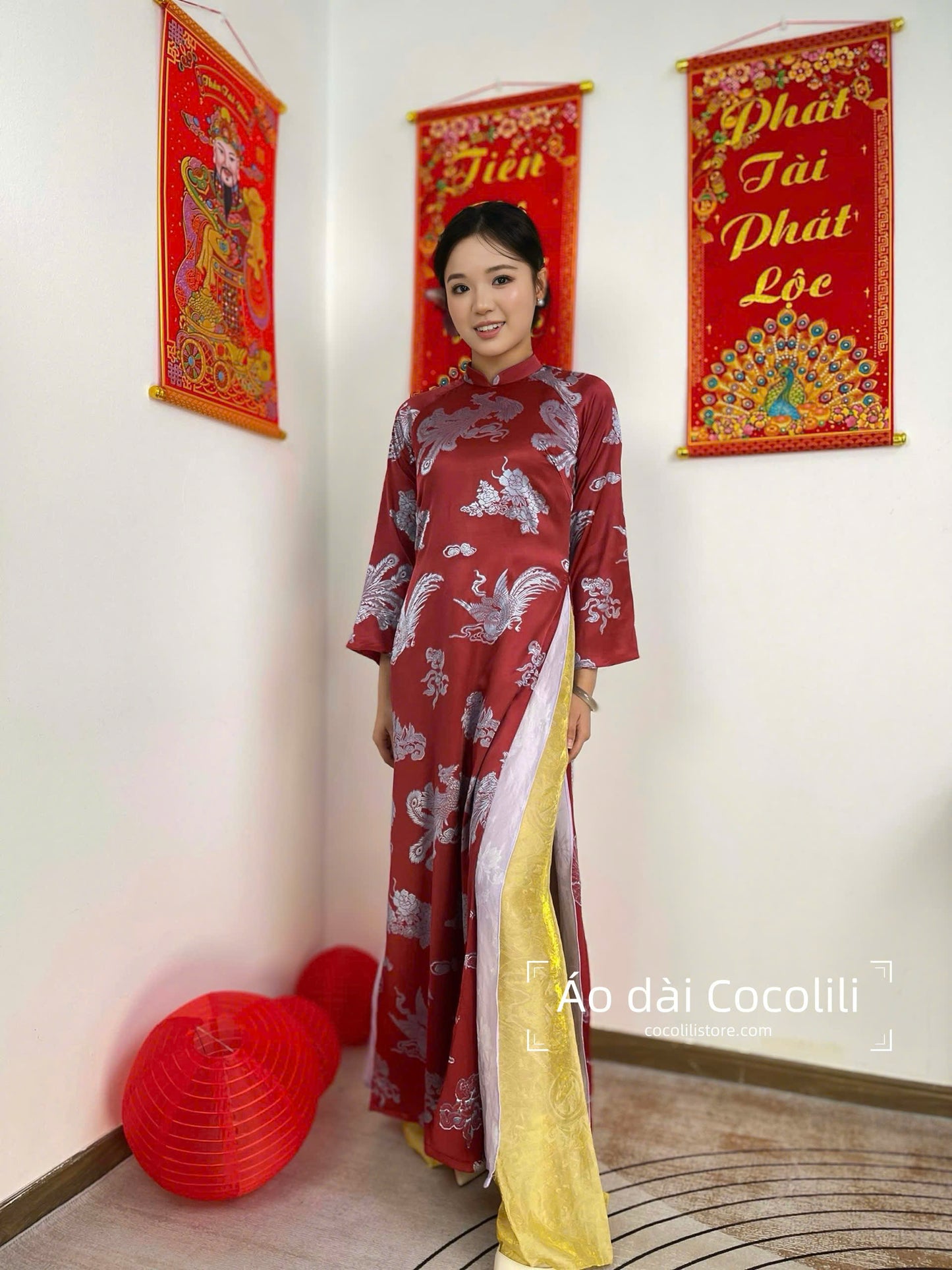 M391 Áo + quần - Set Áo dài dáng suông 4 tà lụa chu sa Phượng Hoàng