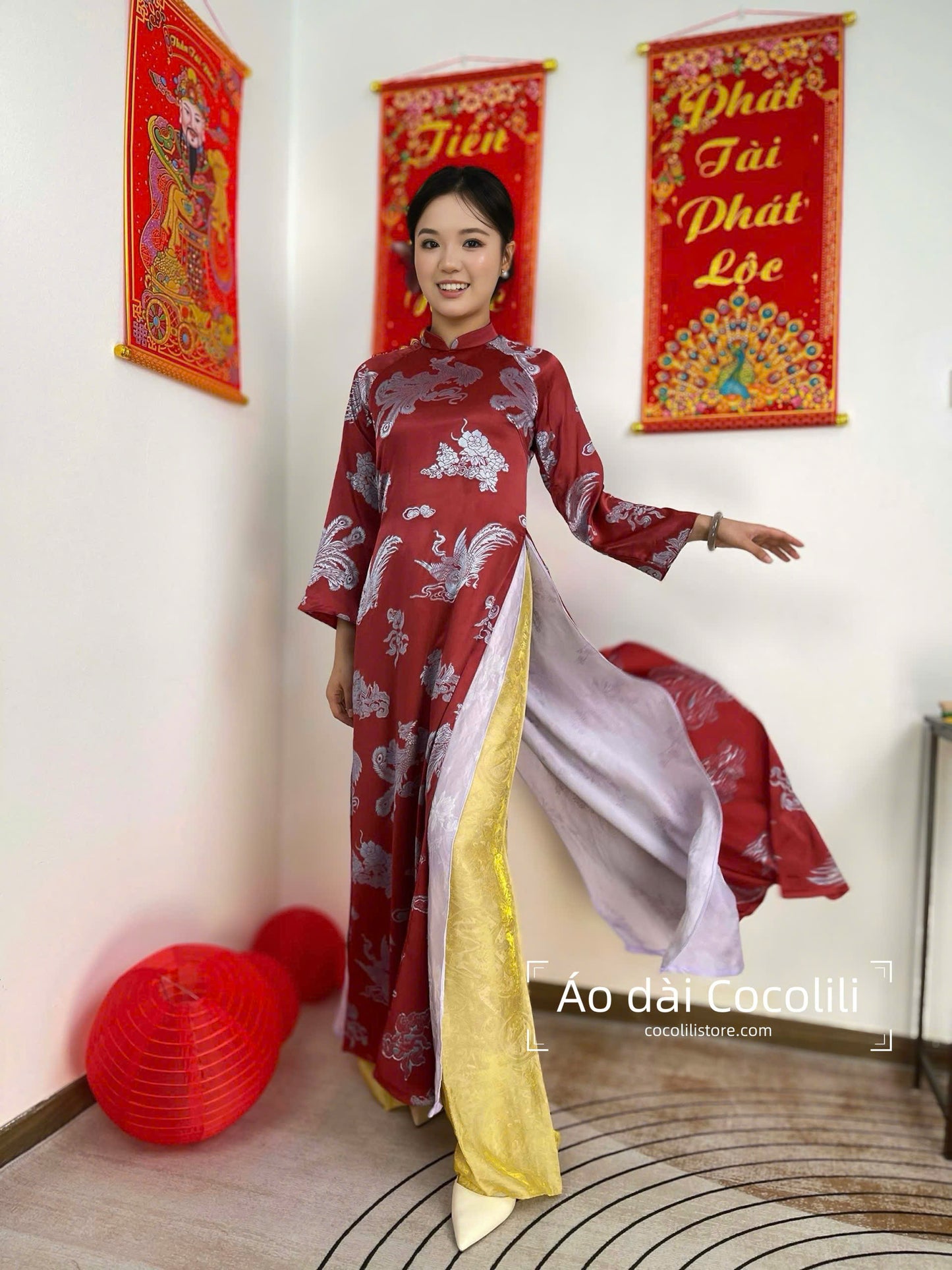 M391 Áo + quần - Set Áo dài dáng suông 4 tà lụa chu sa Phượng Hoàng