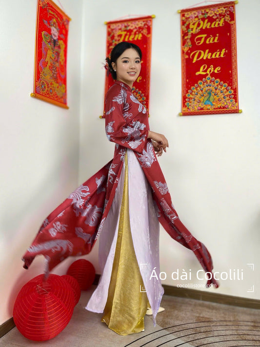 M391 Áo + quần - Set Áo dài dáng suông 4 tà lụa chu sa Phượng Hoàng