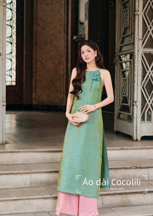 M387 Yếm xanh + quần hồng - Set yếm dáng suông tằm ánh kim tencel đính hoa