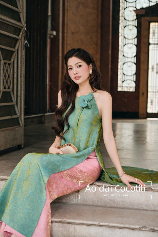 M387 Yếm xanh + quần hồng - Set yếm dáng suông tằm ánh kim tencel đính hoa
