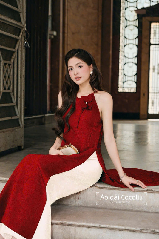 M386 Yếm đỏ + quần trắng - Set yếm dáng suông tằm ánh kim tencel đính hoa