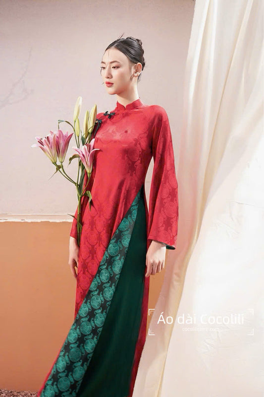 M385 Áo đỏ + quần lụa - Áo dài dáng suông 4 tà lụa gấm thọ dơi màu đỏ
