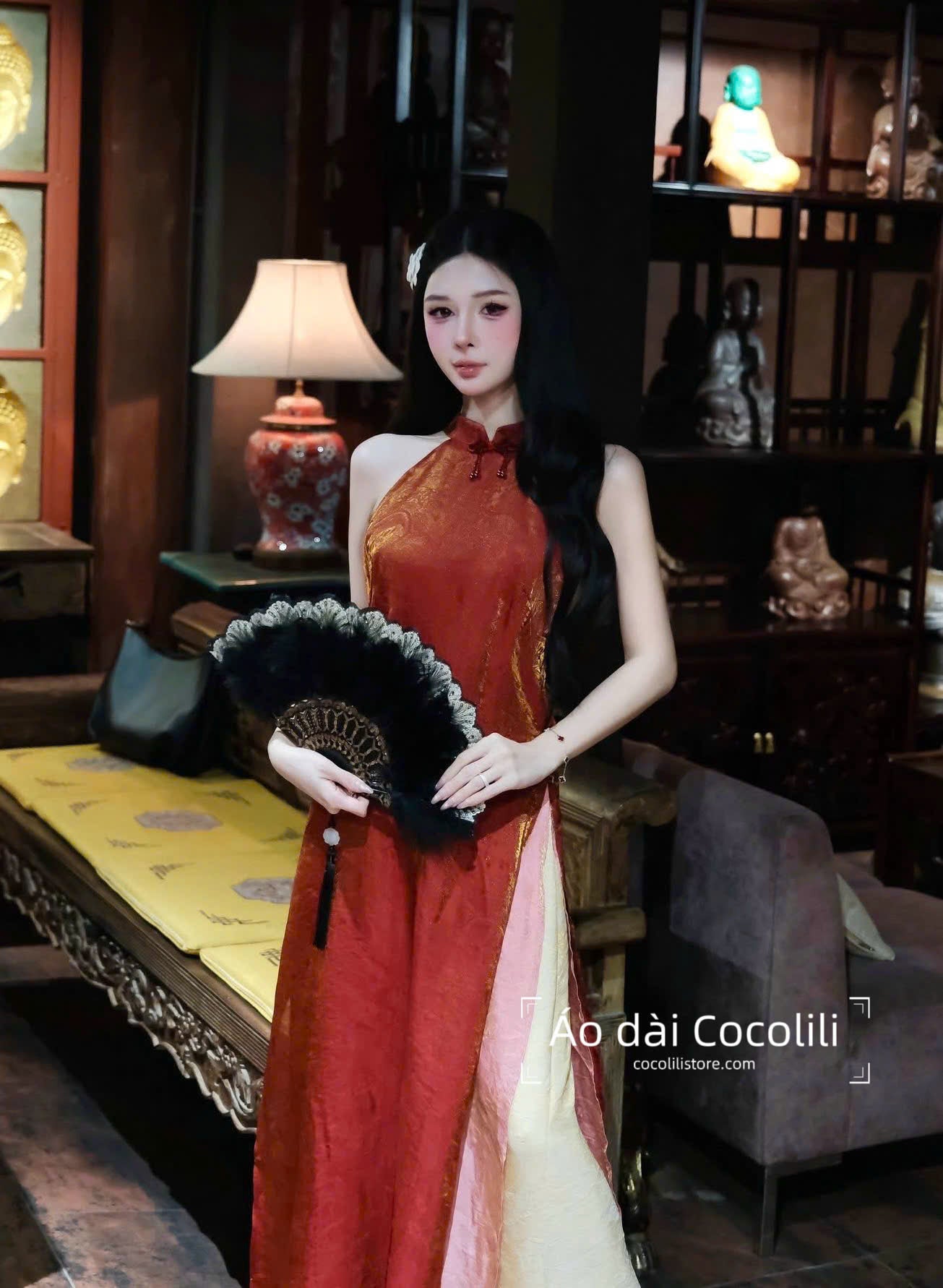 M395 Yếm cam + quần tằm - Set yếm dáng suông 4 tà tằm ánh kim tencel