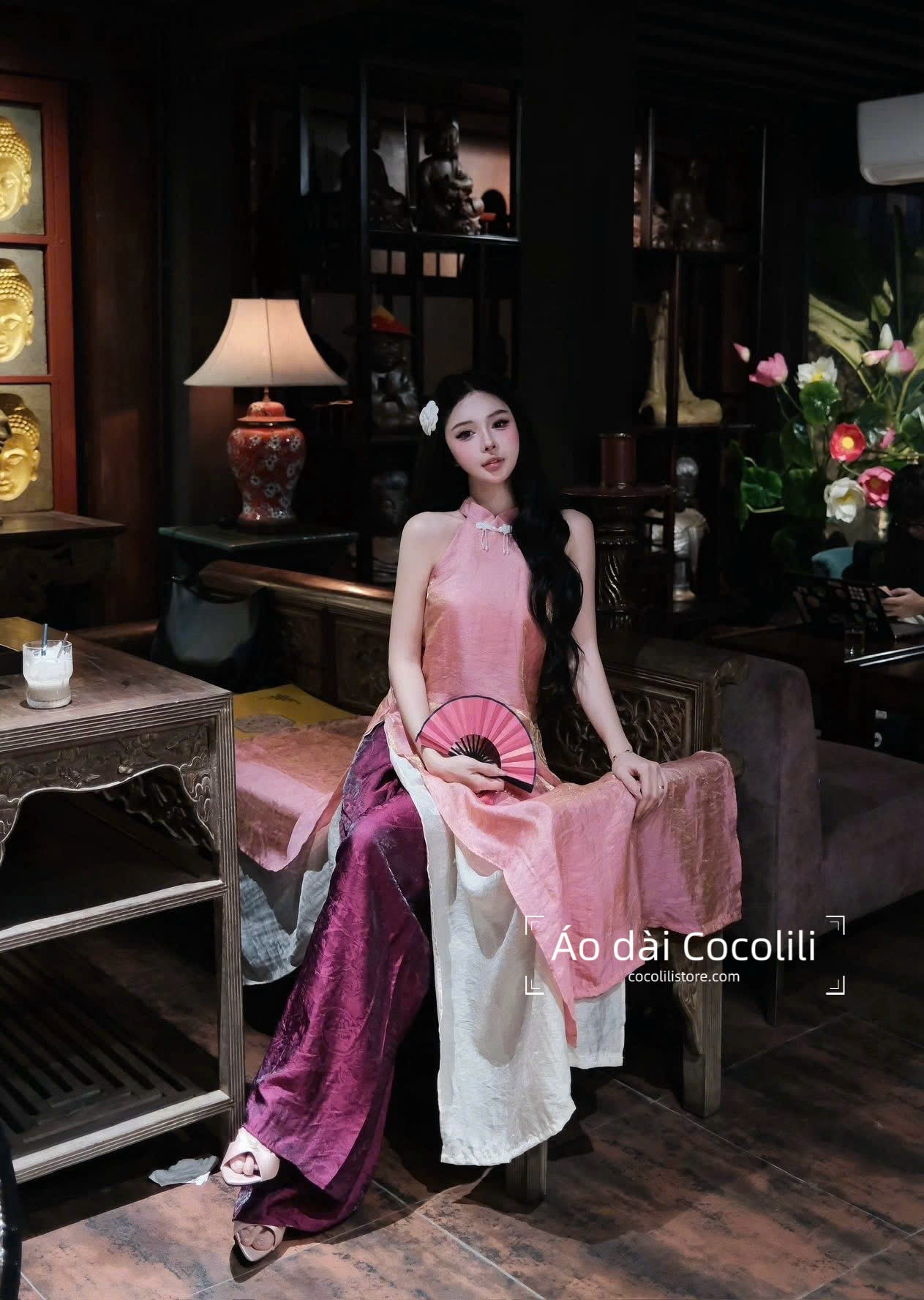 M396 Yếm hồng + quần tằm - Set yếm dáng suông 4 tà tằm ánh kim tencel