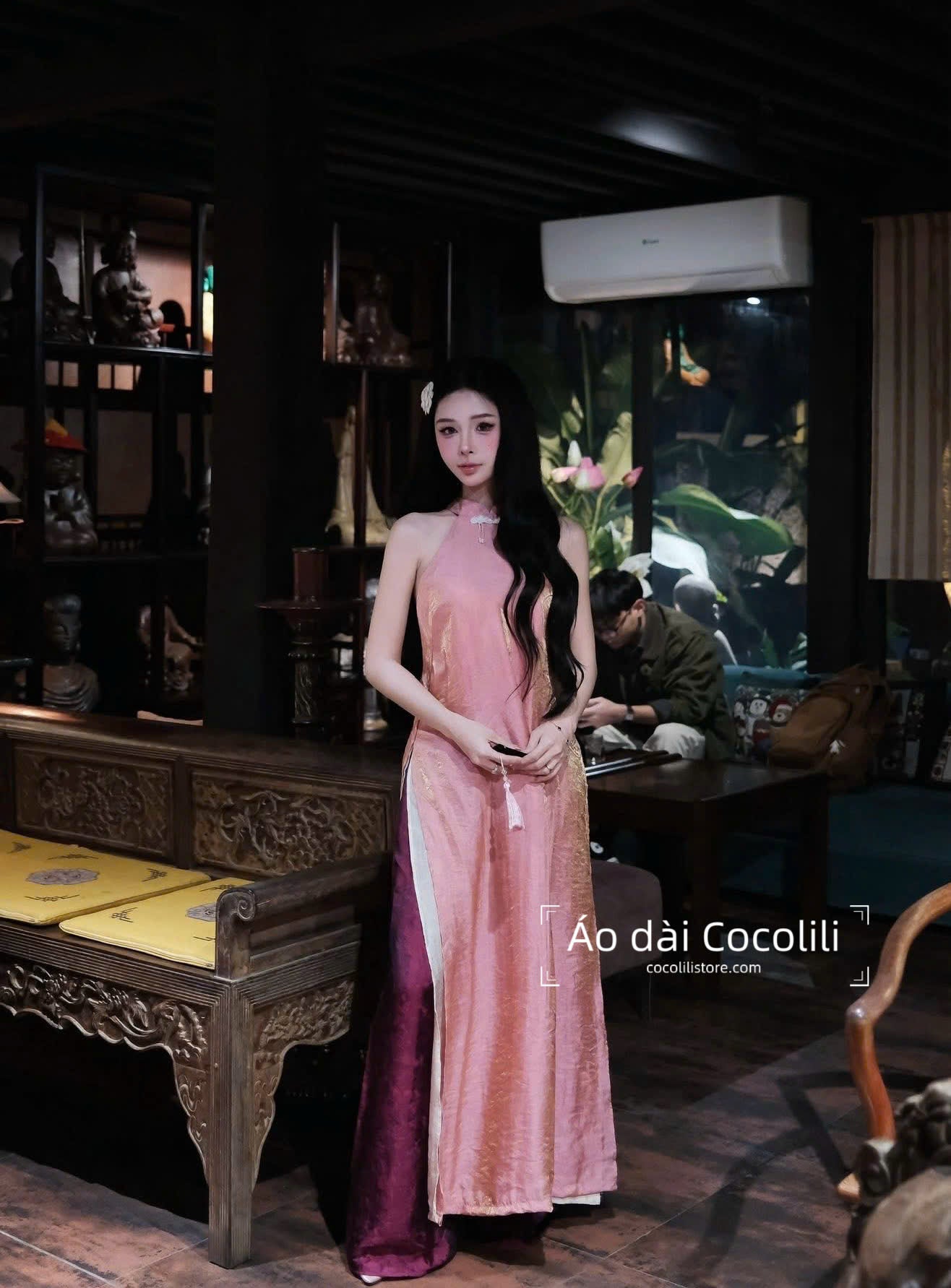 M396 Yếm hồng + quần tằm - Set yếm dáng suông 4 tà tằm ánh kim tencel