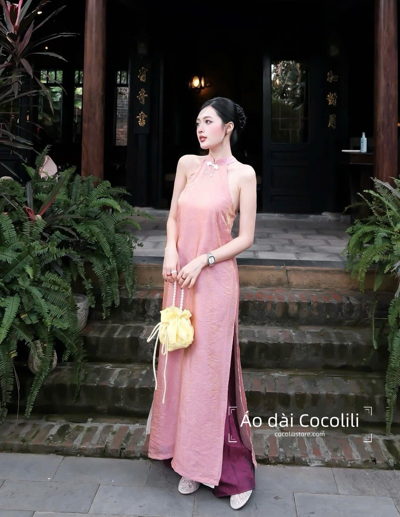 M396 Yếm hồng + quần tằm - Set yếm dáng suông 4 tà tằm ánh kim tencel