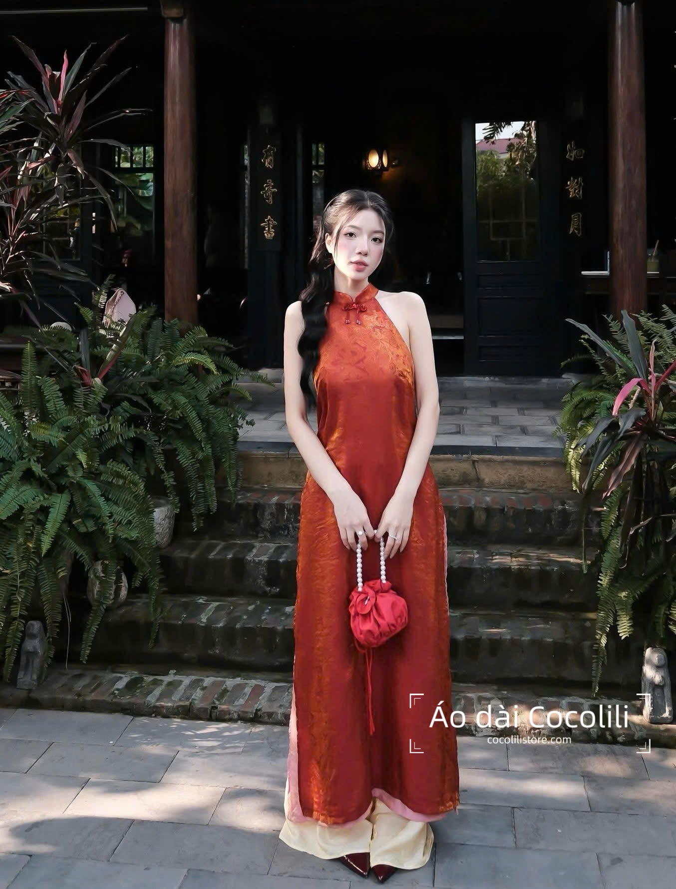 M395 Yếm cam + quần tằm - Set yếm dáng suông 4 tà tằm ánh kim tencel