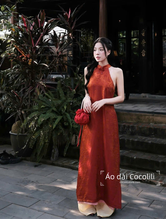 M395 Yếm cam + quần tằm - Set yếm dáng suông 4 tà tằm ánh kim tencel