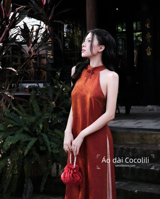 M395 Yếm cam + quần tằm - Set yếm dáng suông 4 tà tằm ánh kim tencel