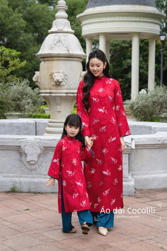 M397 Áo + quần lụa - Áo dài dáng suông 4 tà tơ màu đỏ