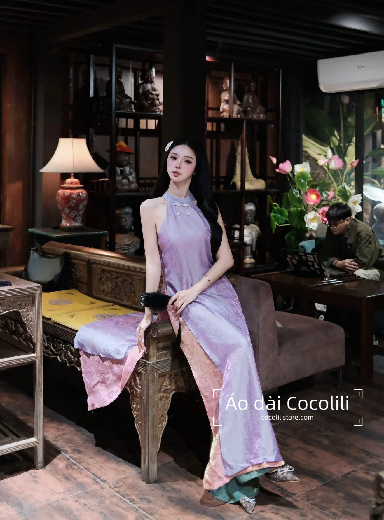 M405 Yếm tím + quần tằm - Set yếm dáng suông 4 tà tằm ánh kim tencel