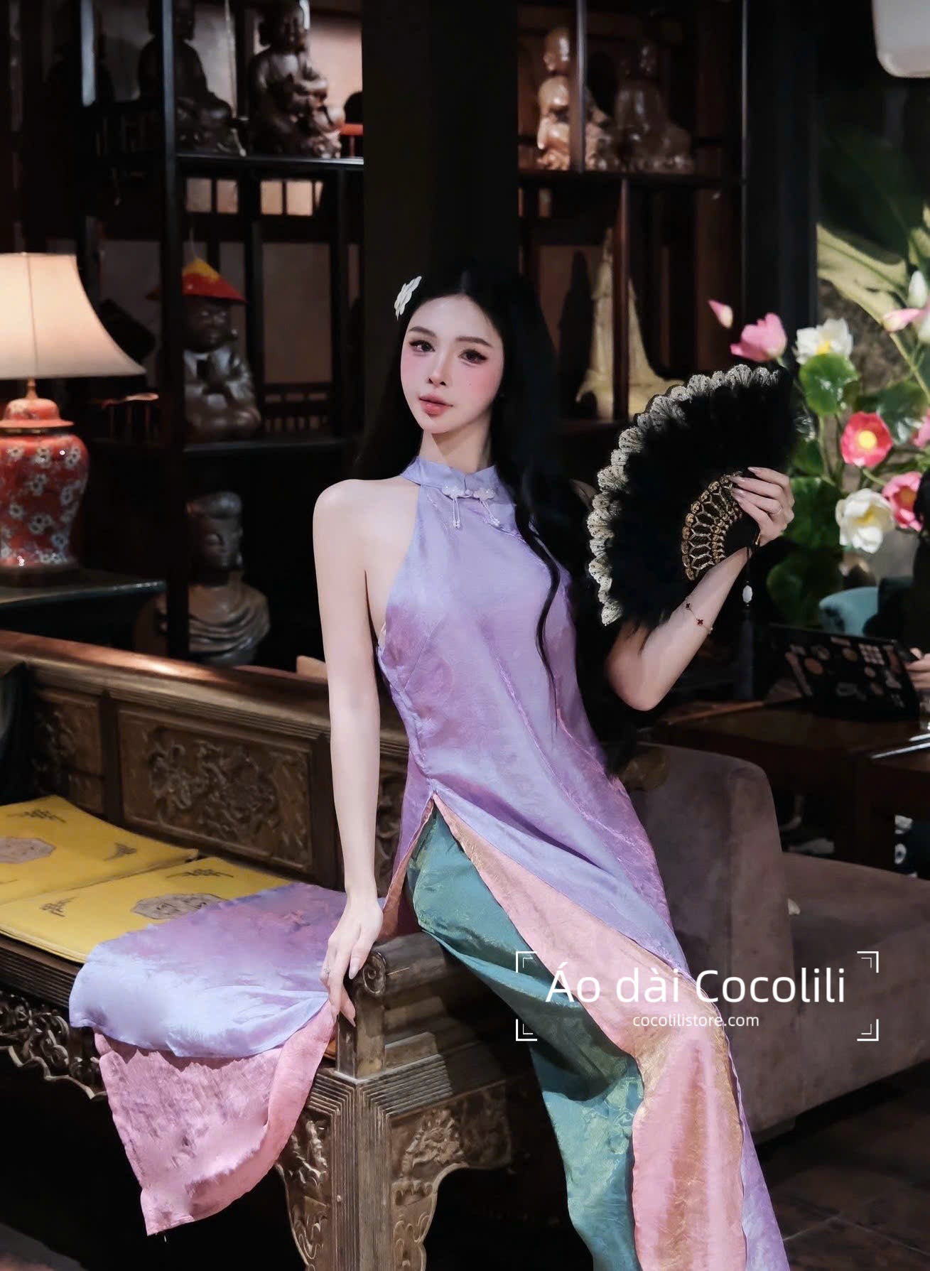 M405 Yếm tím + quần tằm - Set yếm dáng suông 4 tà tằm ánh kim tencel