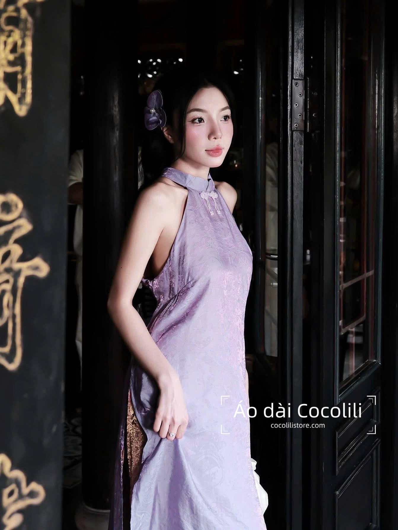 M405 Yếm tím + quần tằm - Set yếm dáng suông 4 tà tằm ánh kim tencel