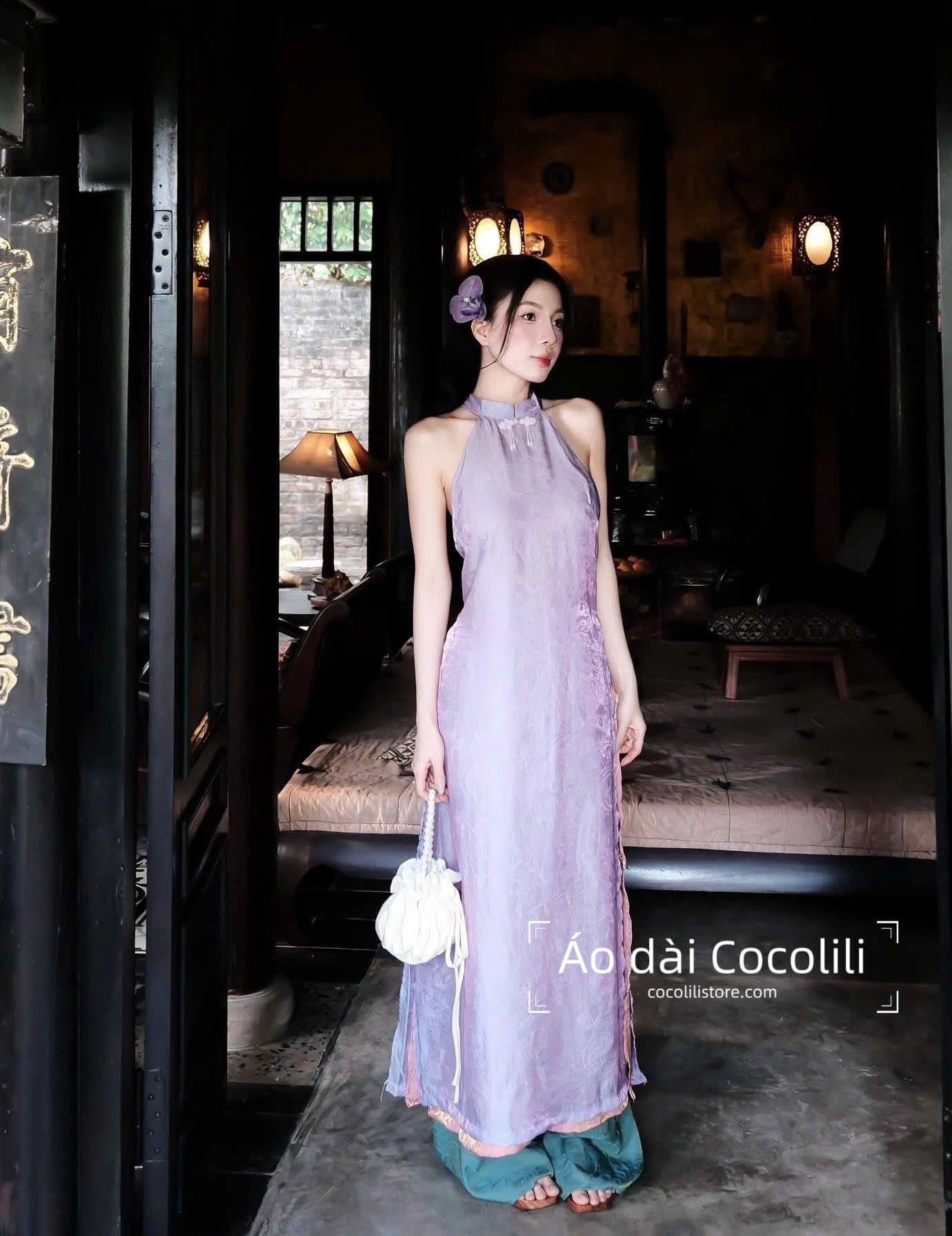 M405 Yếm tím + quần tằm - Set yếm dáng suông 4 tà tằm ánh kim tencel
