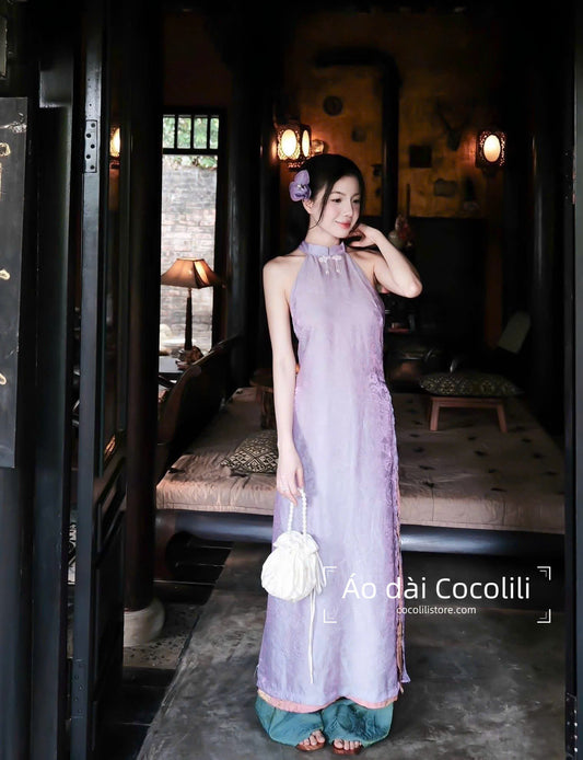 M405 Yếm tím + quần tằm - Set yếm dáng suông 4 tà tằm ánh kim tencel