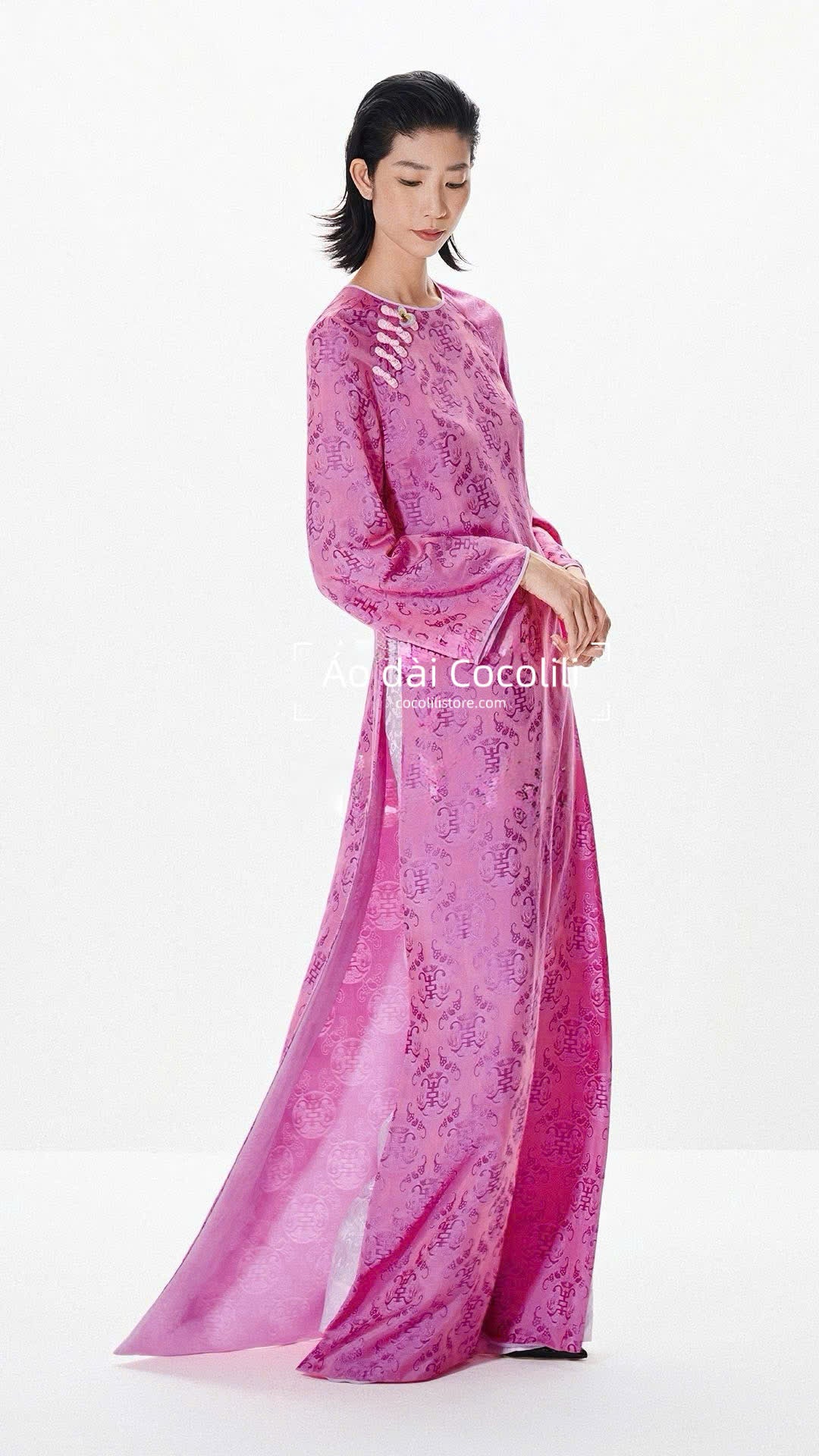 HD48 Áo hồng + quần trắng - Áo dài dáng suông 2 tà 2 lớp may liền kĩ thuật