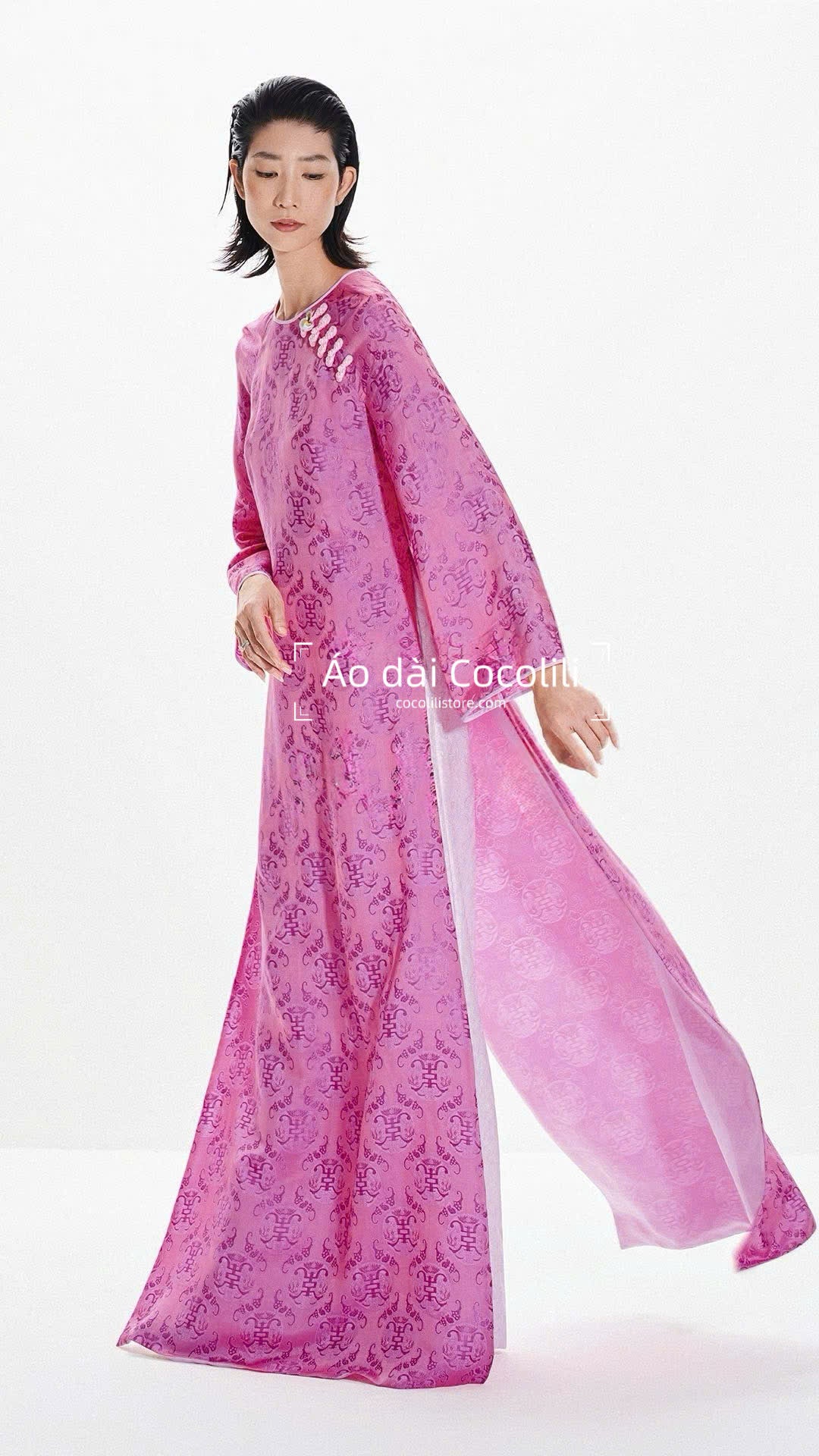 HD48 Áo hồng + quần trắng - Áo dài dáng suông 2 tà 2 lớp may liền kĩ thuật