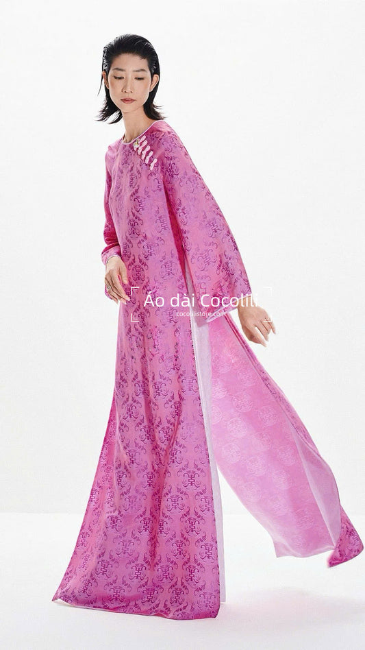 HD48 Áo hồng + quần trắng - Áo dài dáng suông 2 tà 2 lớp may liền kĩ thuật