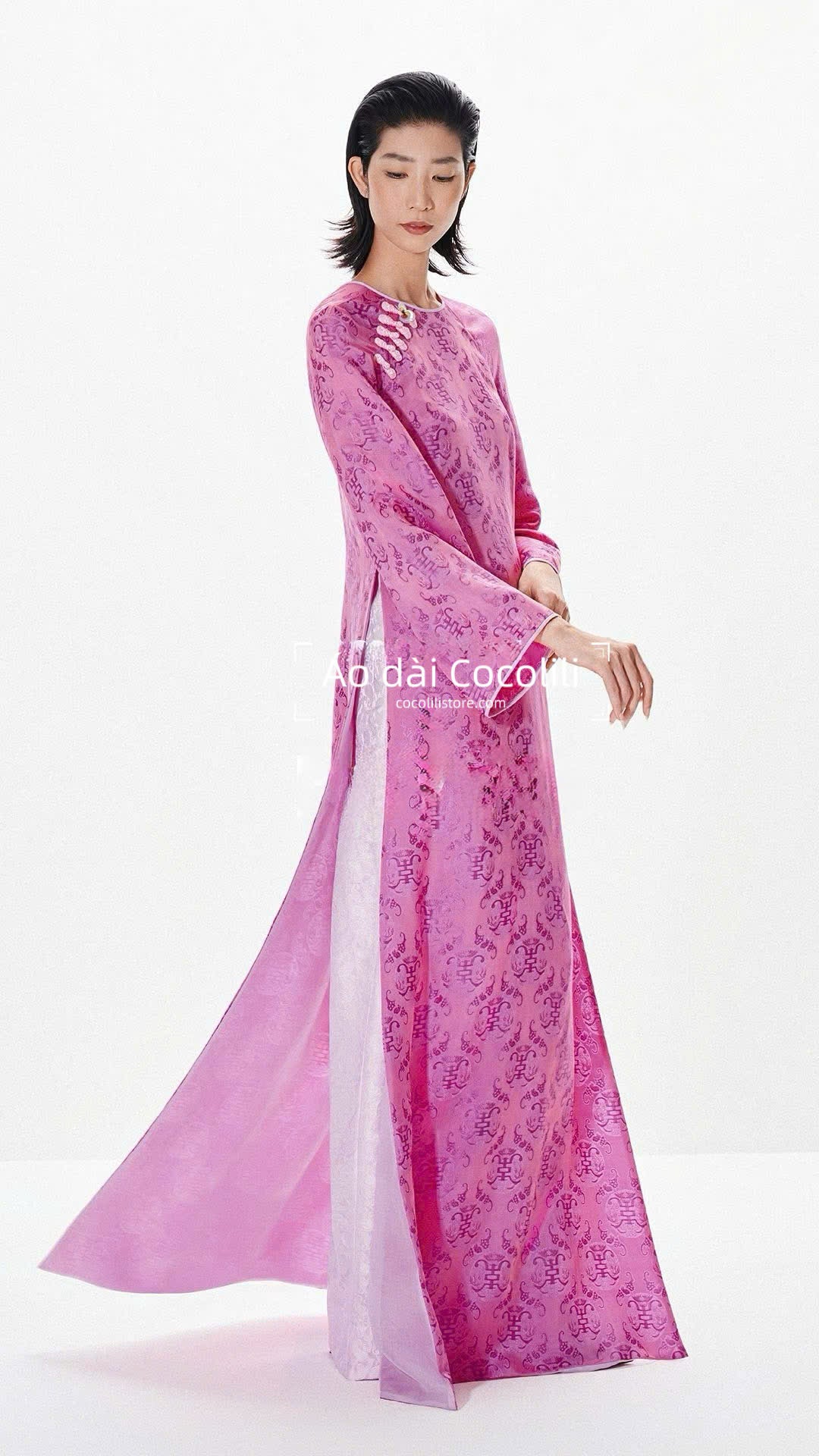 HD48 Áo hồng + quần trắng - Áo dài dáng suông 2 tà 2 lớp may liền kĩ thuật