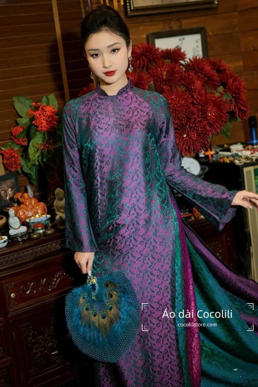 HD49 Áo tím + quần hồng - Áo dài dáng suông 4 tà lụa Nha Xá