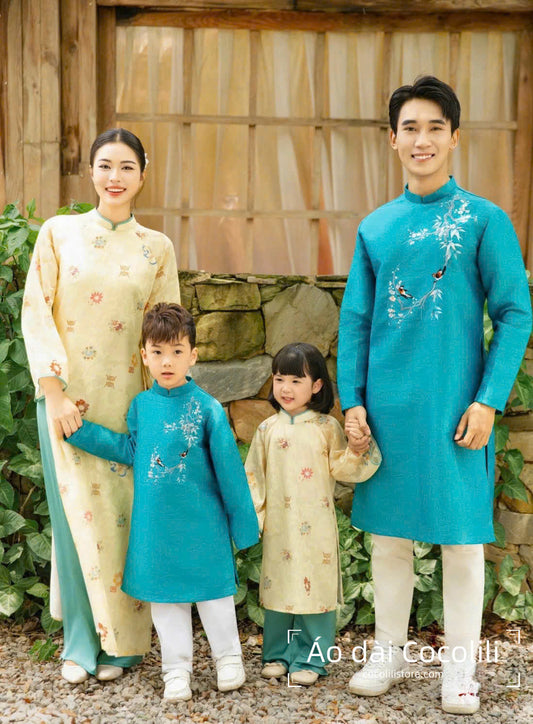 B1254 Áo only - Áo dài nam tafta thêu màu xanh dương